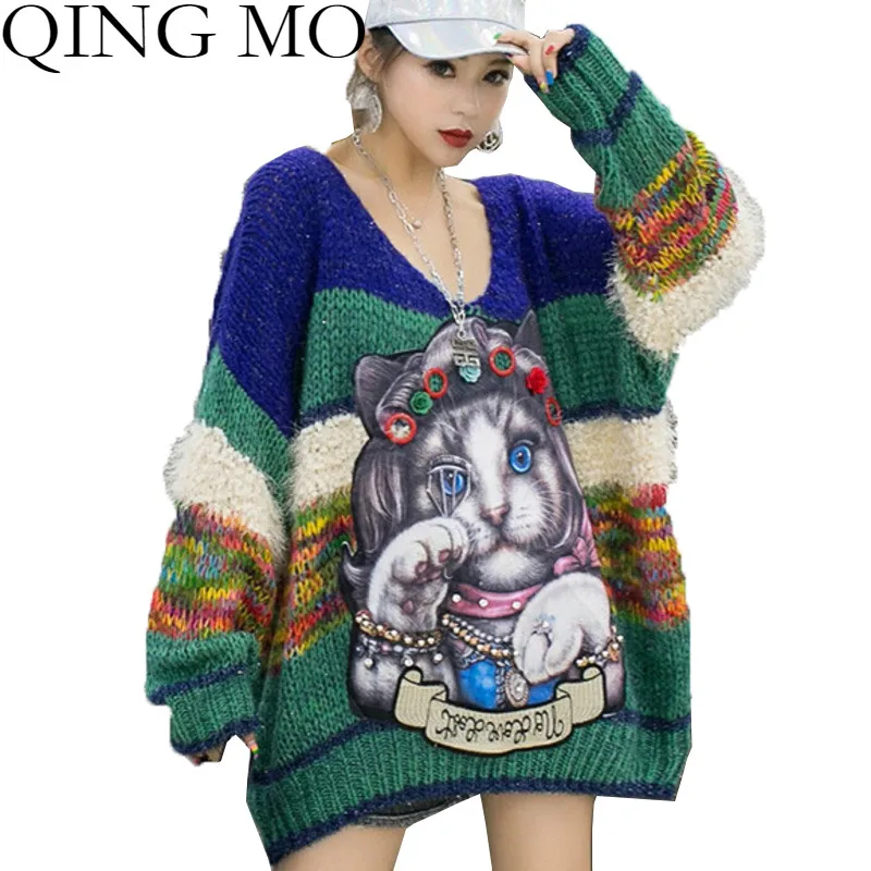 QING MO Animal Cat Print Women Sweater 2022 Spring New V-Neck Pullover Hit Color Striped Blue QYF103A | Женская одежда