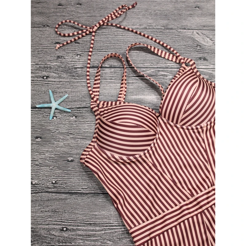 Женский слитный купальник пляжная одежда в полоску с открытой спиной для купания