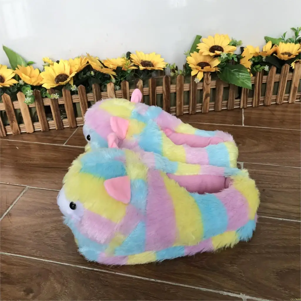 

2020 new cute colorful velvet unicorn plush shoes women home indoor winter rainbow unicorn slippers Waterproof non-slip shoes