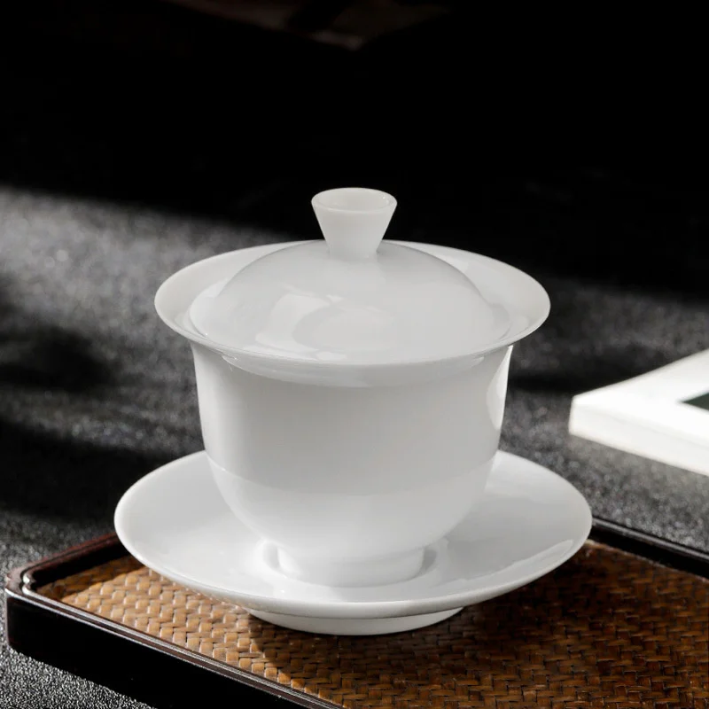 

Jingdezhen White Porcelain Cover Bowl Single Tea Bowl Mug With Saucer Office Kung Fu Tea Set Gift Cup Tea Brewing