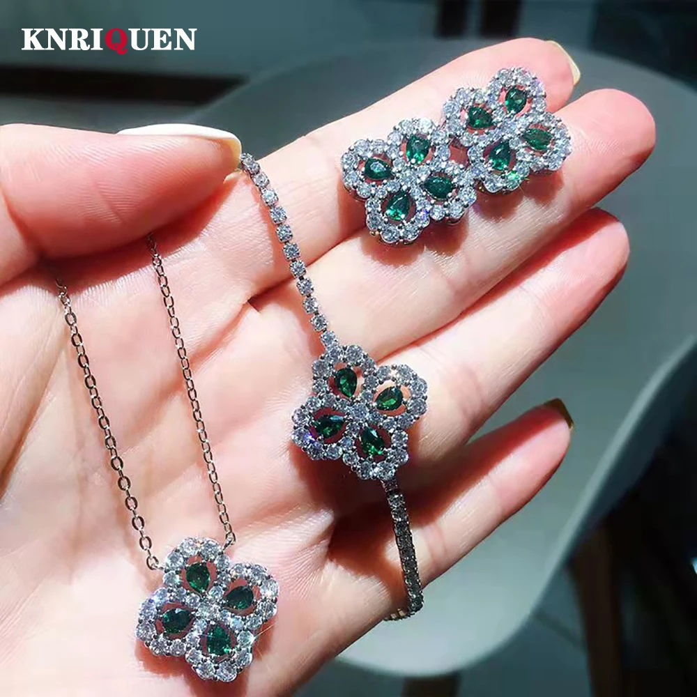 

2021 Trend Four Leaf Clover Necklace Earrings Bracelet for Women Luxury Created Emerald Wedding Jewelry Sets Anniversary Gift