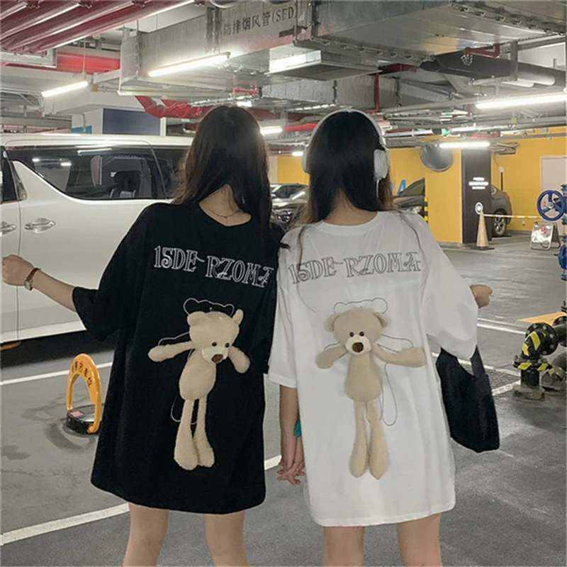 

Ladies T-Shirt Summer Student Bear Short-Sleeved T-Shirt Pure Cotton Loose Casual Cute Bear Long Plus Size T-Shirt Women's Top