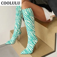 coolulu zebra knee high boots women stiletto high heel knee high boots pointed toe women shoes zipper up thin heel women boots