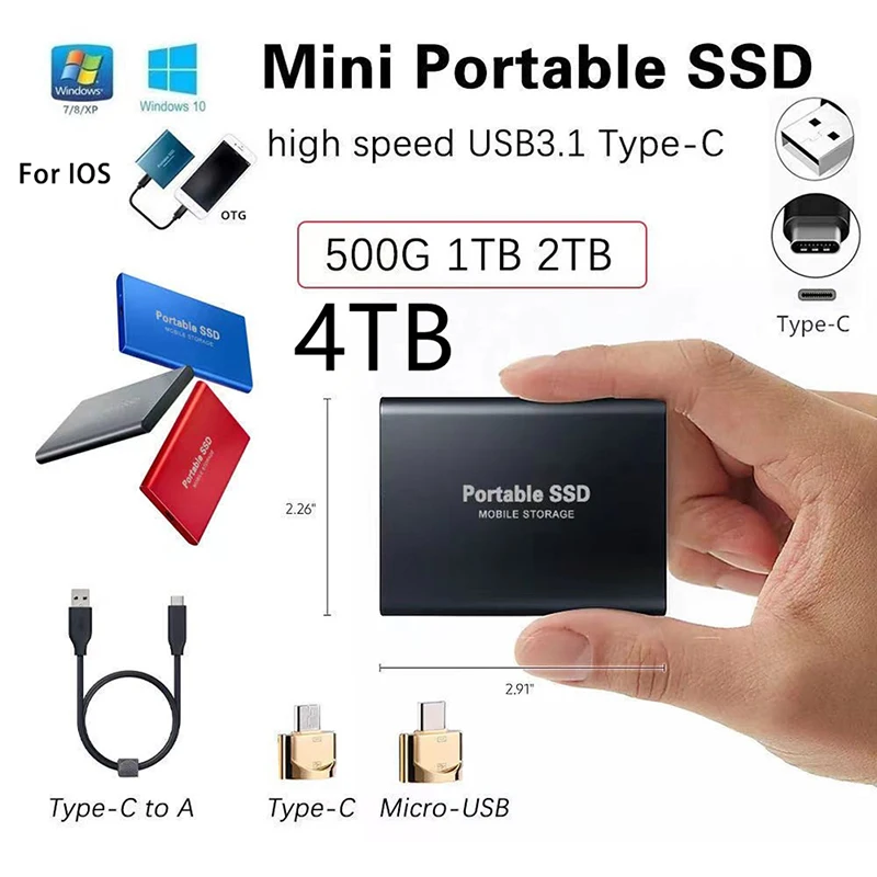 

Твердотельный Накопитель SSD для мобильных устройств, внешний жесткий диск USB 3,1 типа C объемом 1 ТБ, высокоскоростные мобильные твердотельные...