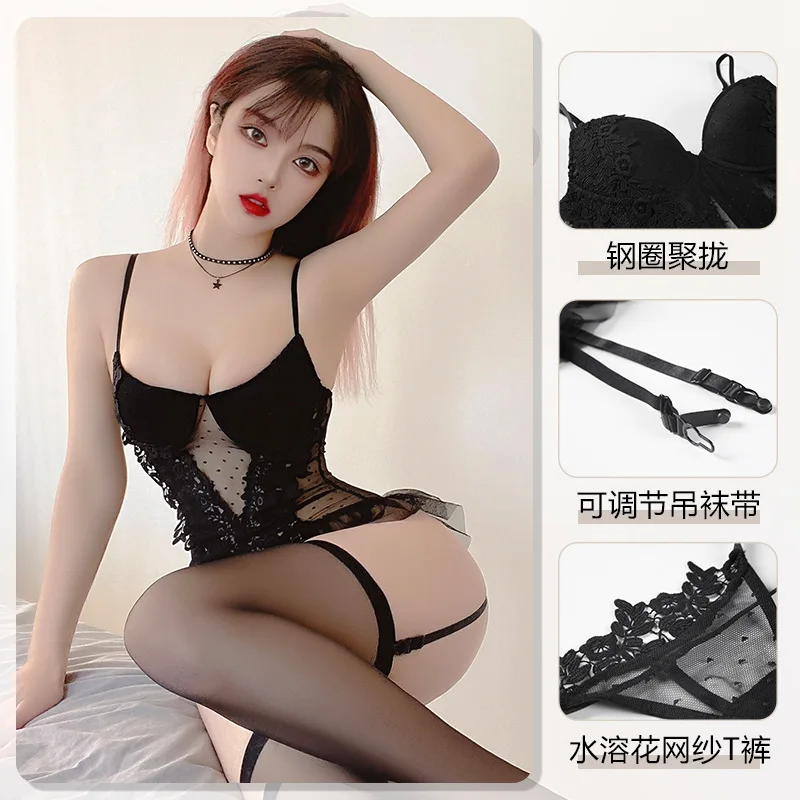 

Women's Sexy lingerie suit Hollow out Lace braces skirt nightdress perspective Gauze Nightgown seduction Chemises Exotic Apparel