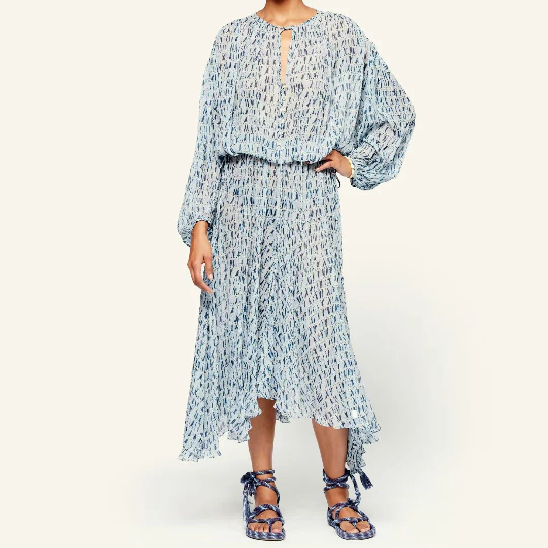 

Women Lace-Up V-Neck Print Midi Dress Lantern Sleeve Irregular Slim Waist Long Dresses 2021 New with Buttons Robes
