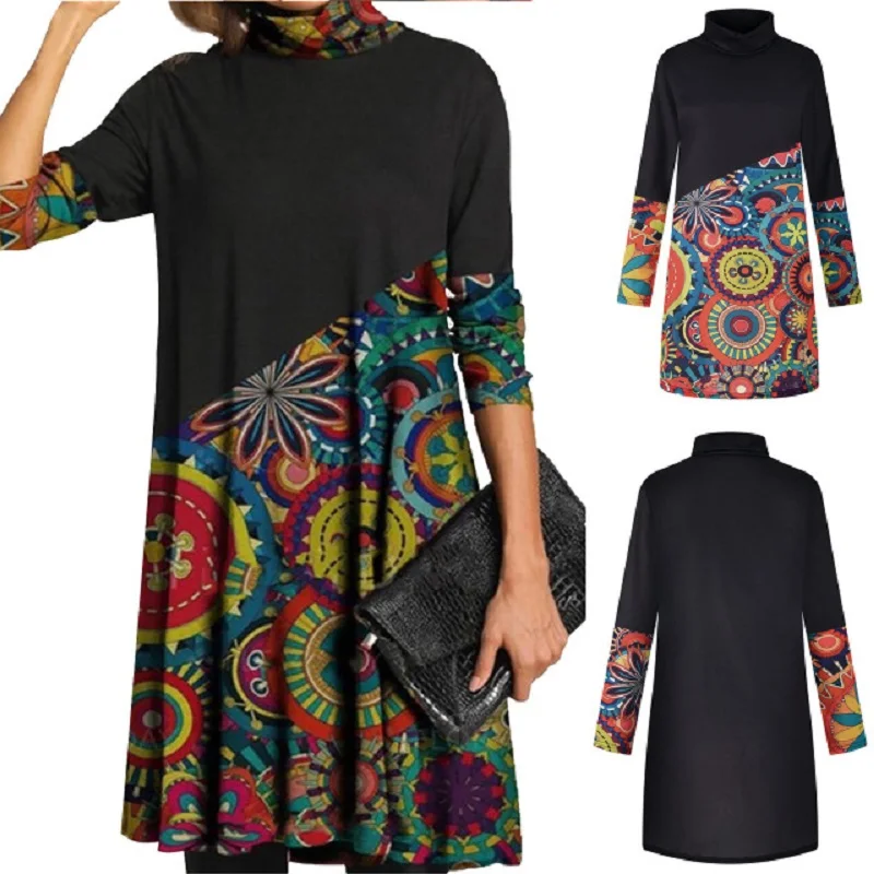 

Autumn winter new style high-neck A-line dress casual fashion gradient face/color matching/eye printing comfortable knee length