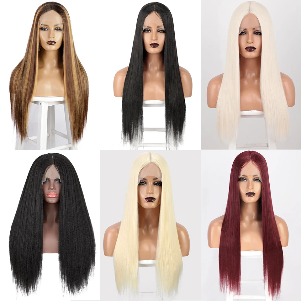 Длинные прямые черные синтетические кружевные передние Искусственные парики