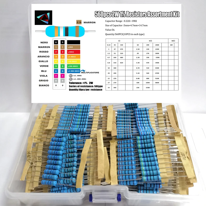 

560Pcs 1% 2W 56Values 0.22R ~1MOhm Metal Film Resistors Kit 10Pcs Each Value