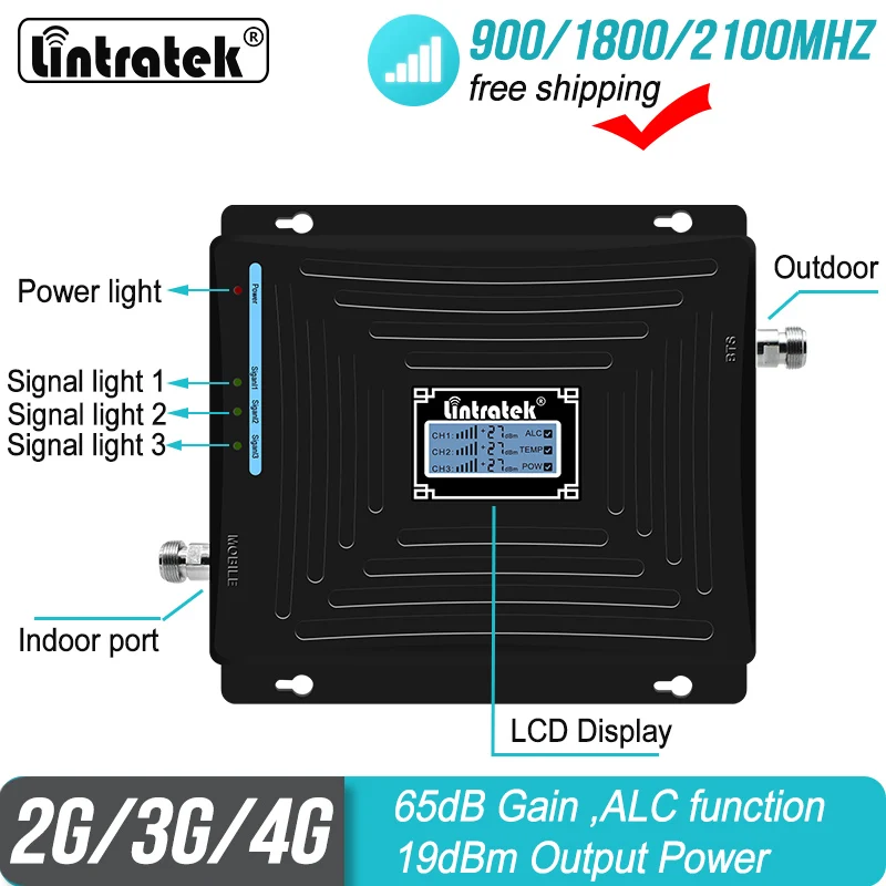 Ретранслятор сотового сигнала Lintratek 850 1800 2100 МГц Усилитель ALC 2G 3G 4G GSM WCDMA LTE