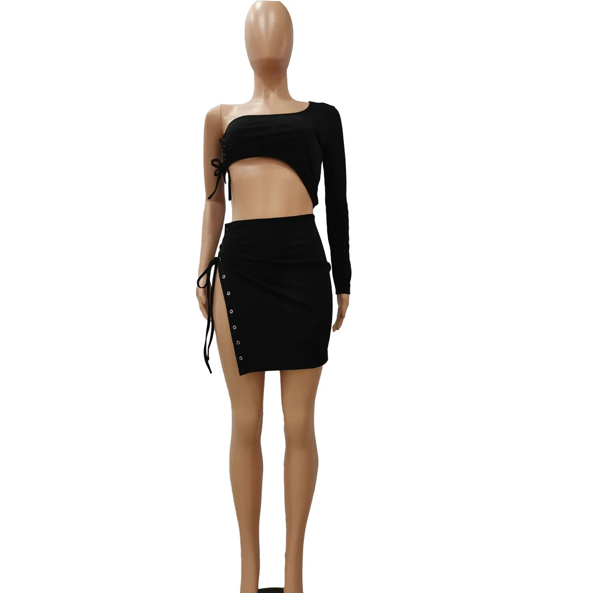 

Echoine Sexy One Shoulder Long Sleeve Grommet Lace Up Hollow Out Crop Top Mini Skirt Set Women Laides Skinny Split Party Outfits