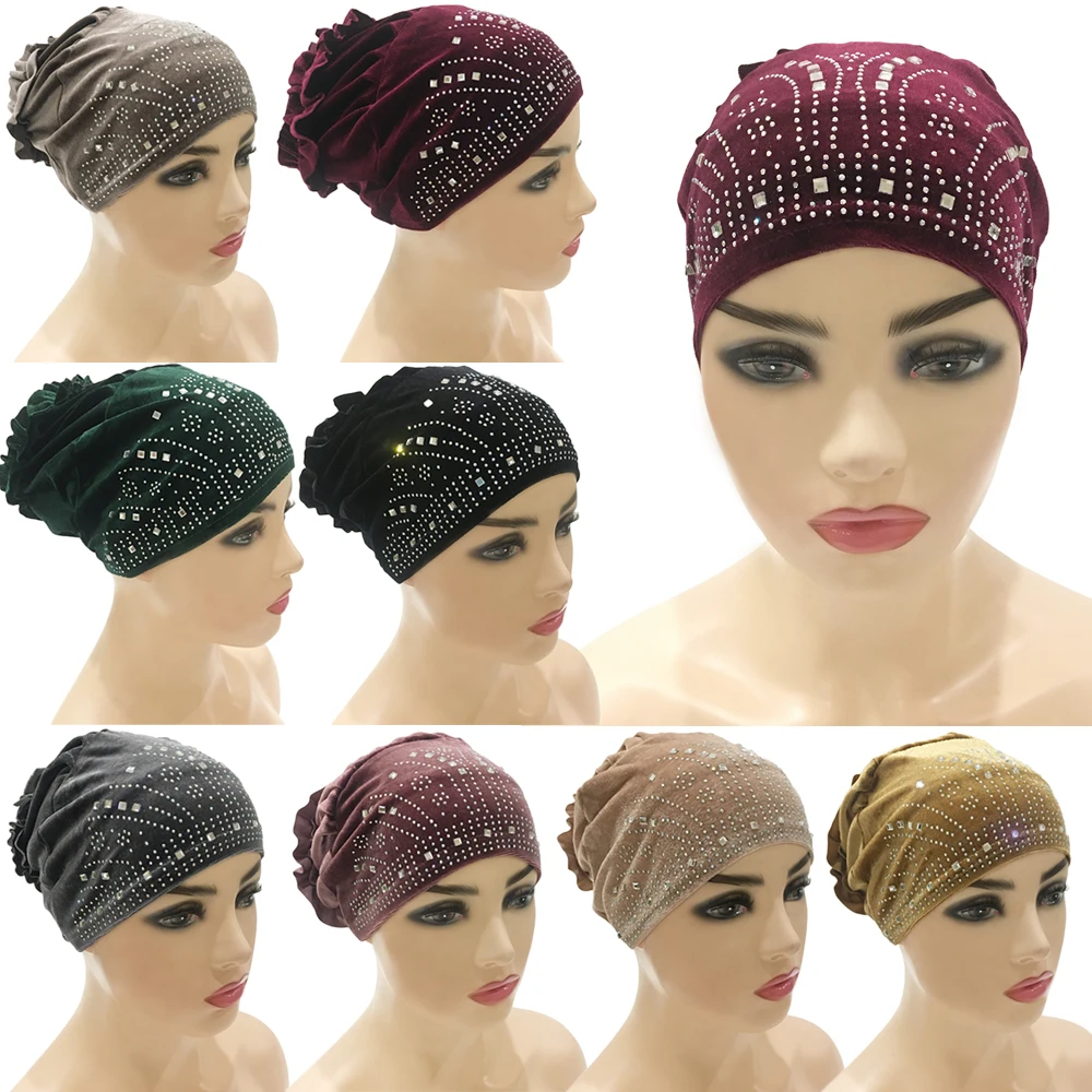 

Women Floral India Hat Flower Hijabs Velvet Stretchy Beanie Turban Bonnet Chemo Cap For Cancer Ladies Bandanas African Head Wrap