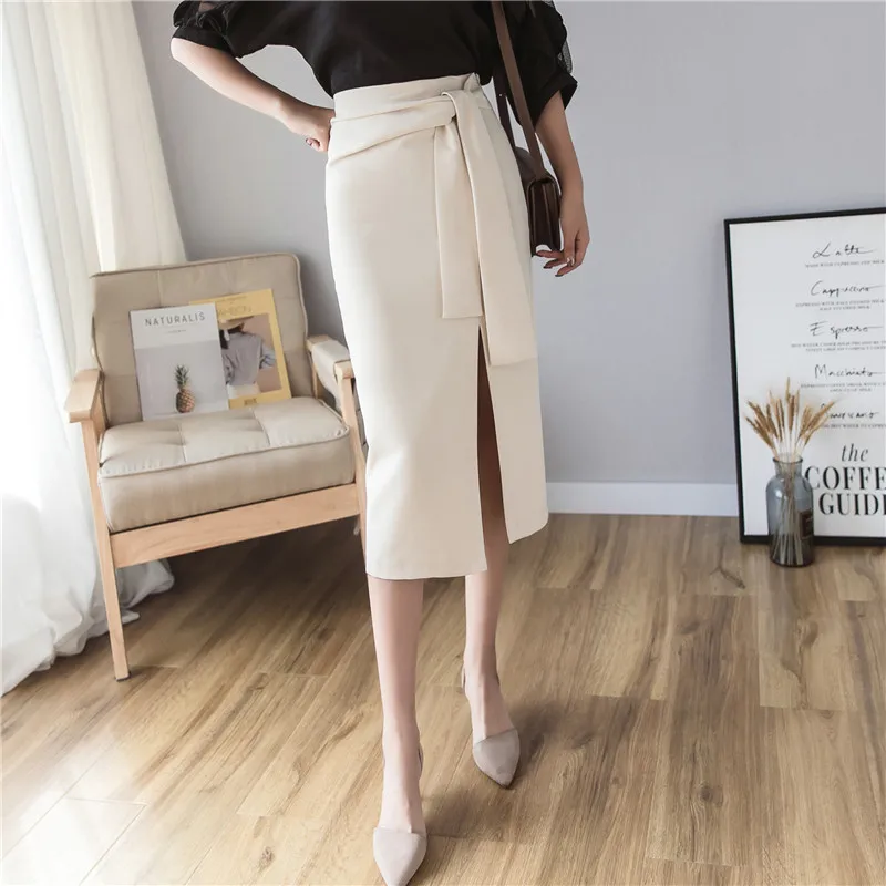 

Limiguyue Summer High Waist Lace Up Skirt Women Side Split Solid Elegant OL Skirts Office Lady Spring Strap Faldas Mujer K530