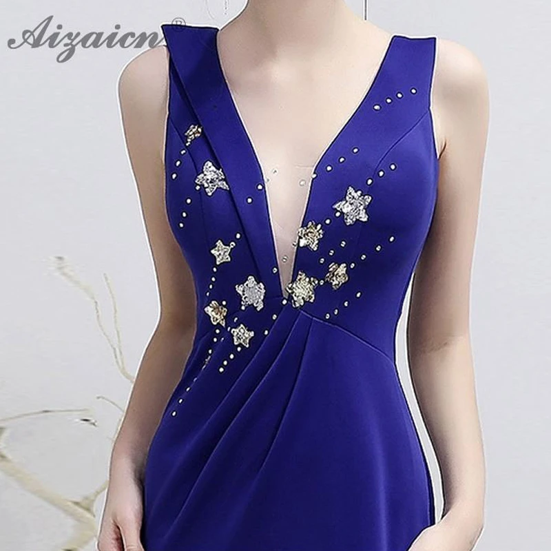 V образным вырезом Длинные Cheongsam синий современный китайский вечернее китайское платье-Ципао модные, пикантные высокие Разделение юбка вечерние платья Qi Pao Для женщин халат