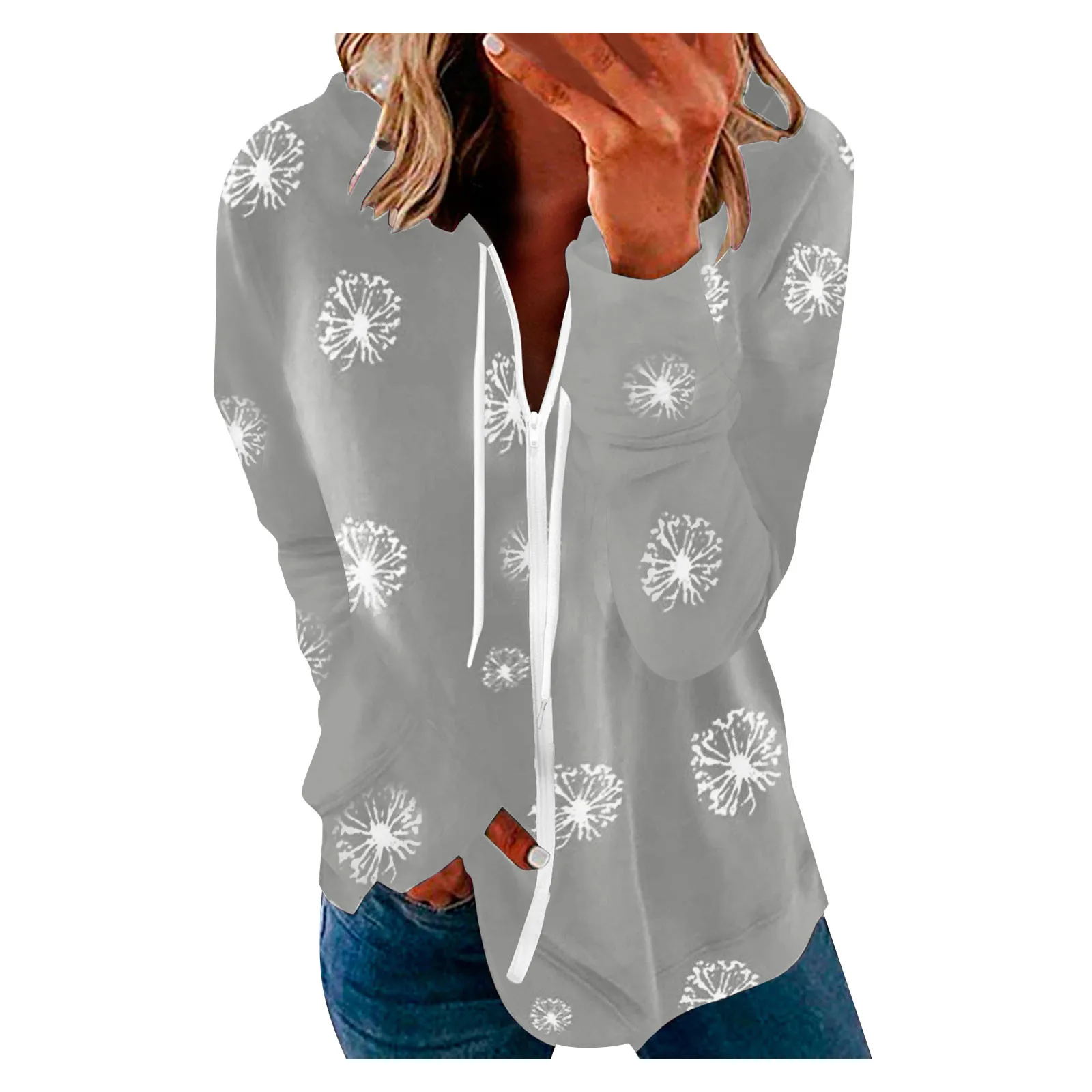 

TELOTUNY Fashion Women Jacket 2021 Autumn New Long Sleeve Zip-Up Hoodie Printed Thin Sweatshirt Casual Loose Drawstring Coat