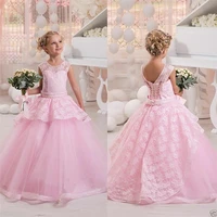new lovely pink lace flower girls dresses jewel neck kids party gowns back out pearls ball gown kids formal wear cap sleeves