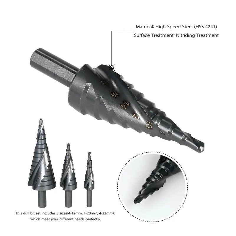 

3pcs Step Drill HSS Nitrogen Coated Spiral Grooved Step Drill Bit Set Hole Cutter Tool Kit Spiral Groove Triangular Shank Bit