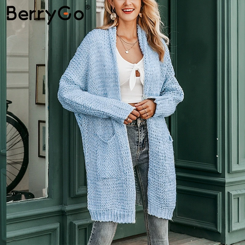 Женский длинный вязаный кардиган BerryGo повседневный Свободный размера плюс