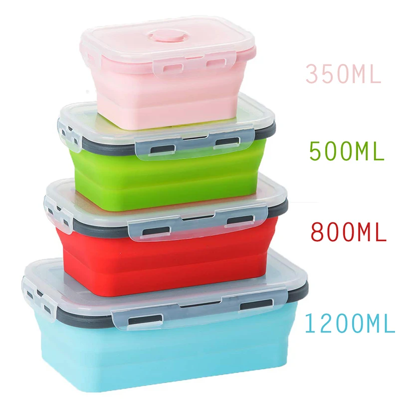 

4 Sizes Collapsible Silicone Food Container Portable Bento Lunch Box Microware Home Kitchen Outdoor Food Storage Containers Box