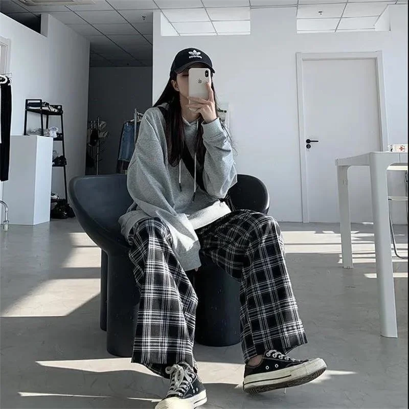 

Wide Leg Pants Womens Hot Sale Summer Fall Chic High Waist All-Match Teens Streetwear Ins Trendy Harajuku Plaid Womens Trouser