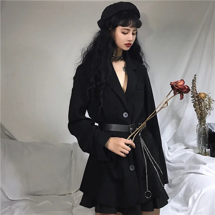 Harajuku Gothic Women Casual Jacket Autumn Long Sleeve Single-Breasted Black Coat With Chain Belt Punk Rock Topcoat Femme | Женская