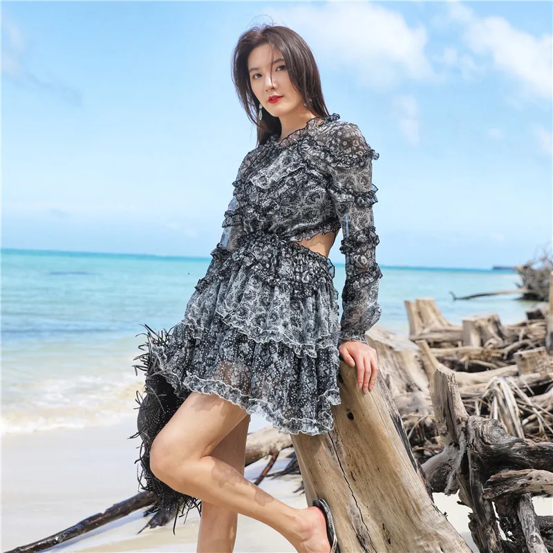 

DUISNENA boho dress sexy backless chiffon women dresses holiday ruffled layered long sleeve robe floral print mujer vestidos