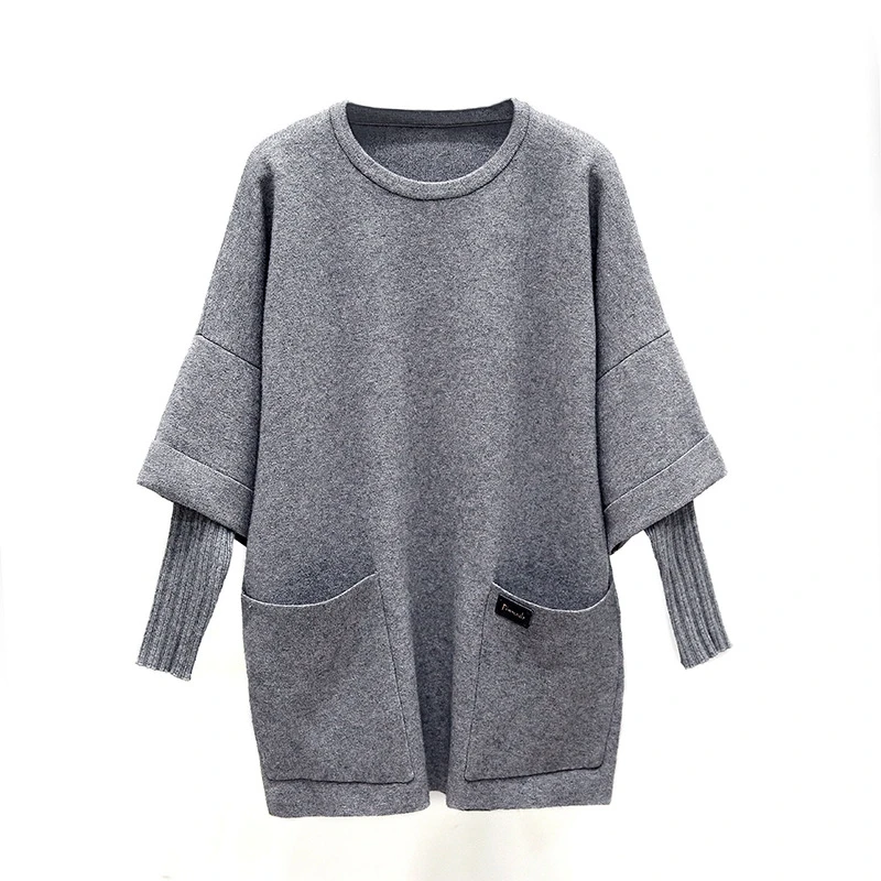 

New autumn and winter 2020, Korean half high neck knitted Hoodie, loose bat sleeve fake two pieces, solid color top women trend