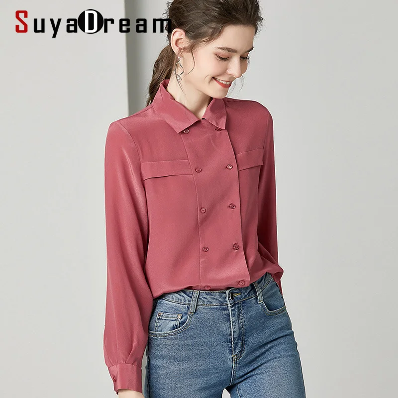 SuyaDream женские Однотонные блузки из 100% шелка креп 2020 Весенняя двубортная офисная