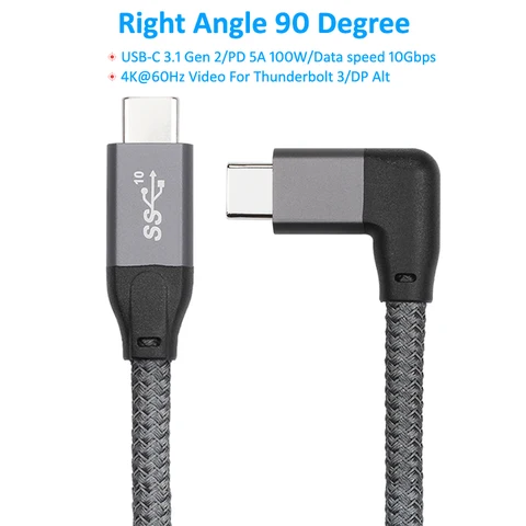 USB C кабель 100 Вт 5A правый угол типа C Мужской 90 градусов высокоскоростной провод для быстрого заряда для Macbook Pro Air Monitor USBC шнур
