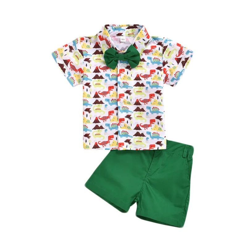 

New Summer Children Baby Boys Casual Short Sleeve Cartoon Animal Pattern T-shirt Tops+Solid Color Shorts Outfits Set