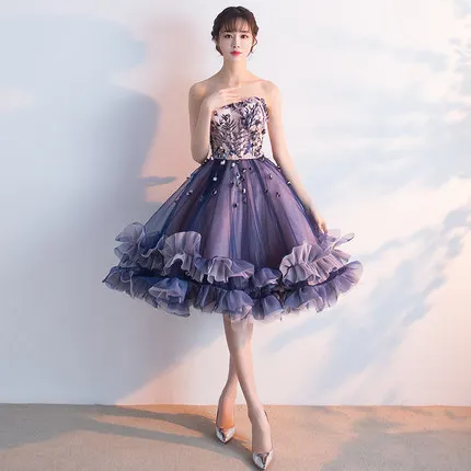 

Sexy Strapless Lady Ball Gown Dresses Exquisite Appliques Formal Prom Gown Slim Elegant Spring New Evening Short Skirt S-XXL