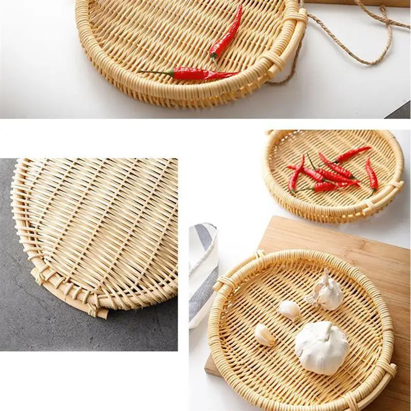

1pcs Hand-Woven Rattan Tray Bread Basket Container Multifunction Storage Basket For Dried Fruits Snacks