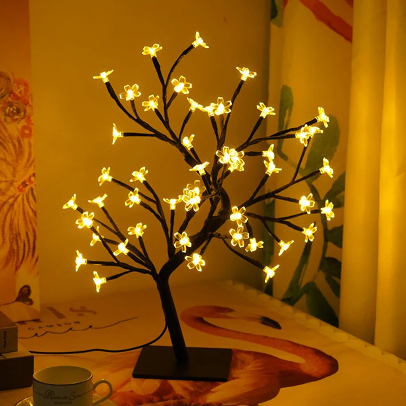 Lámpara LED con USB para decoración del hogar, luz de árbol de flor de cerezo, bonsái, mesa, noche, interior, dormitorio, boda, fiesta, Bar