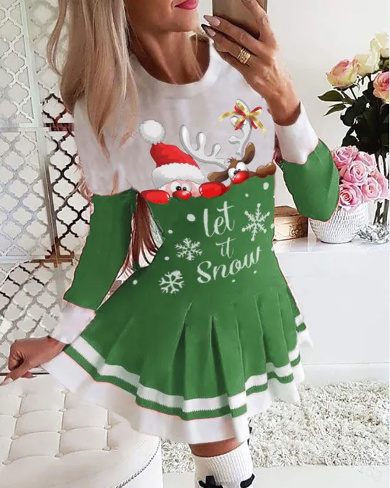 

2021 Autumn Women Fashion Christmas Moose Snowflake Print Mix Long Sleeve Dress Reindeer Sven Print Vintage Xmas Mini Dress