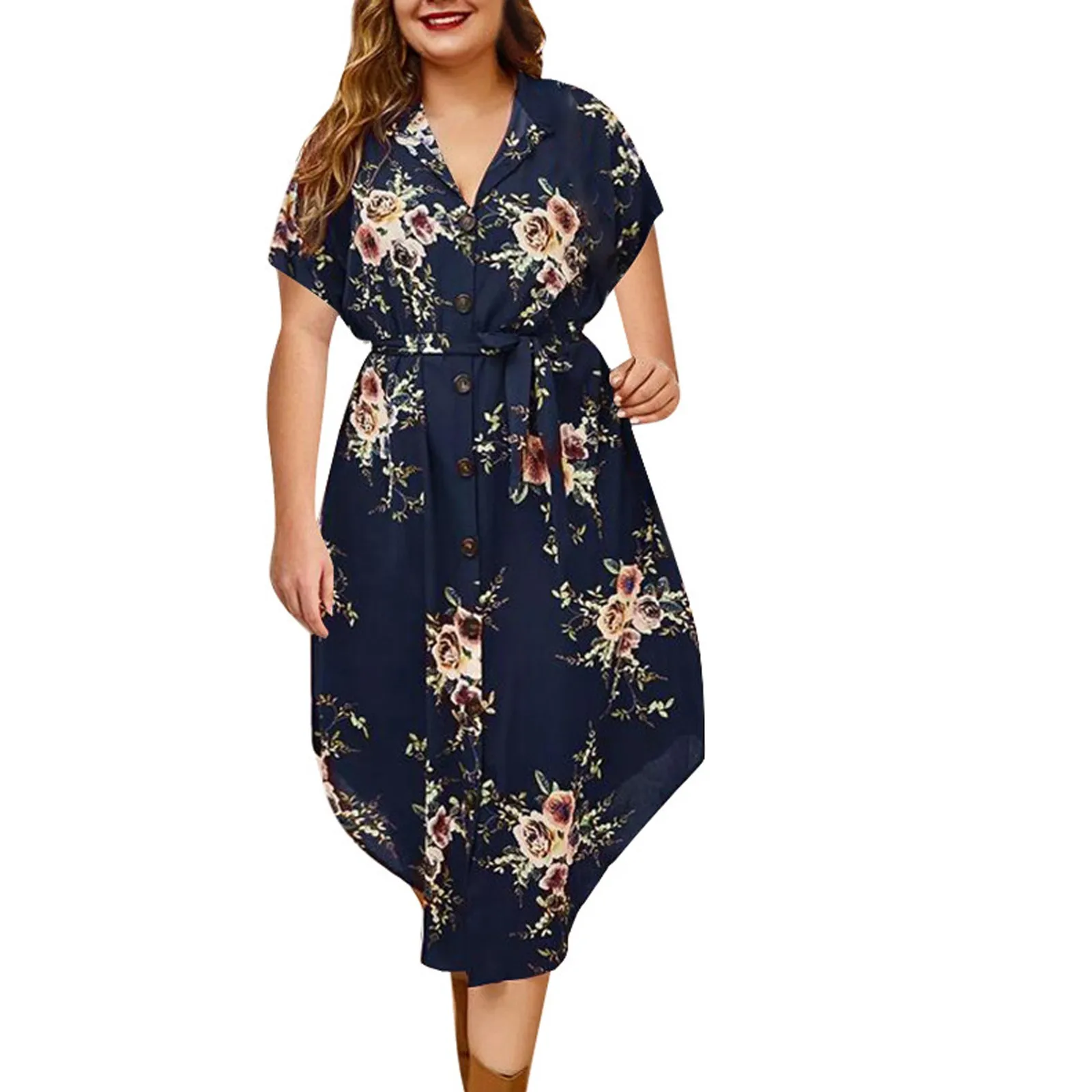 

Summer Dress Women Casual Flower Printed Lapel Button Short Sleeve Large Size Dresses Long Plus Size Beach Party Female
