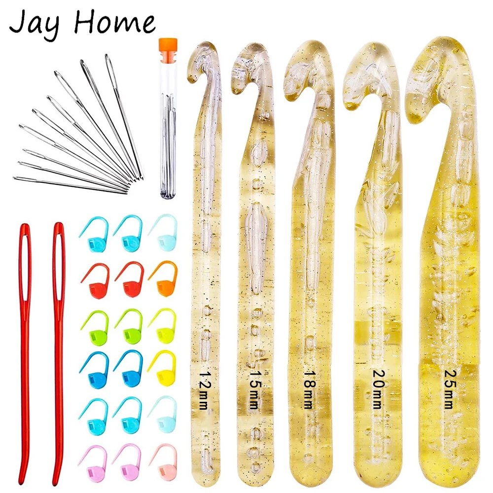 

5 Size Large Size Yarn Crochet Hook Set with Blunt Needles Knitting Stitch Markers Bent Tapestry Needles for DIY Weaving Crafts