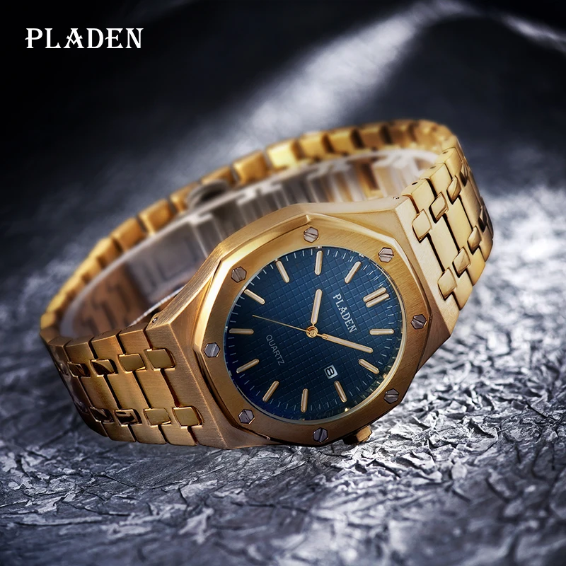 

New Arrival PLADEN Men Watches Luxury Stainless Steel Strap Gold Watch Fashion Blue Dial Waterproof Quartz Wristwatch Gift 2020