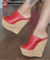 sexy red leather high heel mules peep toe wedge heel summer sandals super high platform wedge sandals shoes drop ship