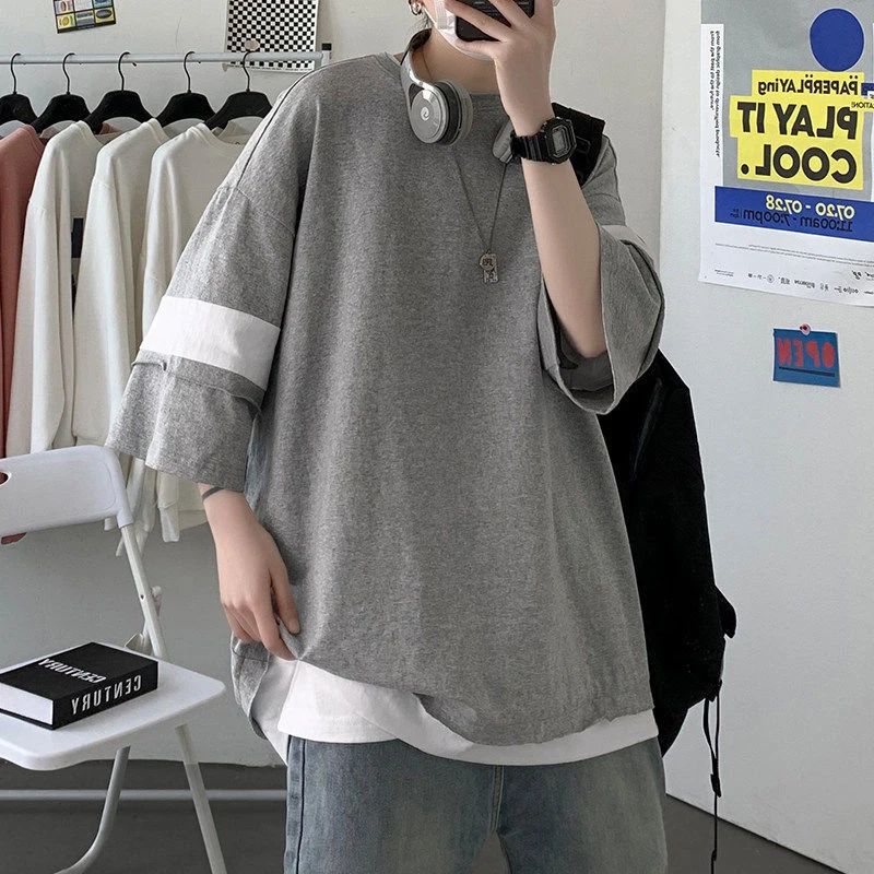 

Cotton Handsome Fake Two Short Sleeve Men Tshirt Summer Korean Style Student Spliced 2xl Oversize Woman Clothes Black White Gray