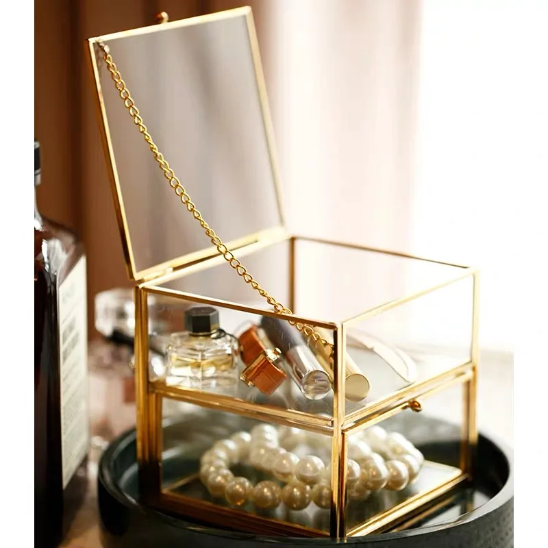 

Nordic Retro Copper Edge Drawer Glass Jewelry Storage Box Cosmetic Makeup Organizer 2 Layer Rack Jewelry Display Stand Holder