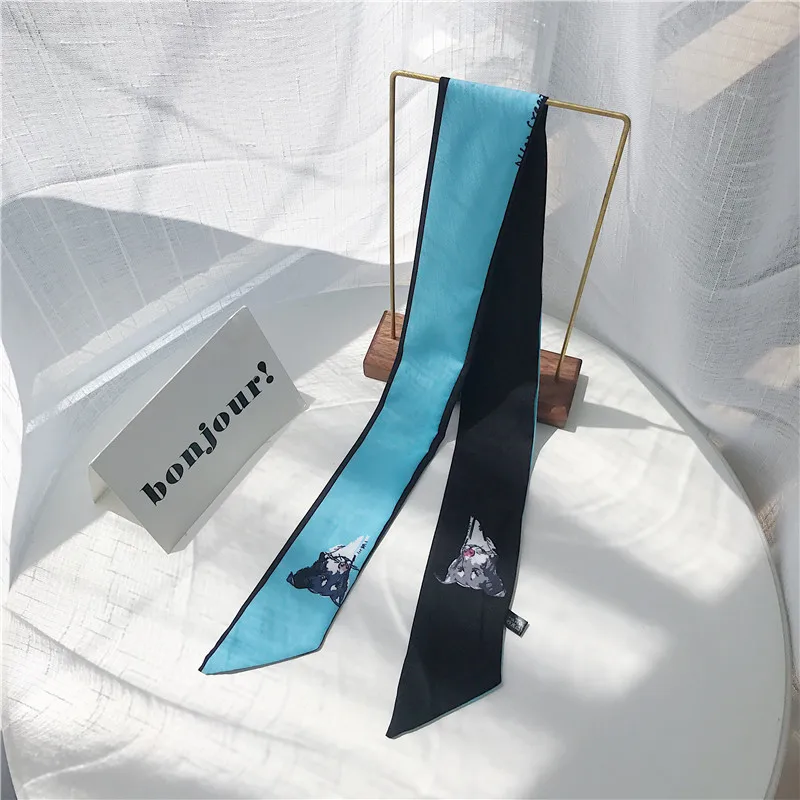 

L974 Fashion Dog Print Silk Scarf Handle Bag Ribbon Elegant Women Long Scarves Hair Band Neckerchief