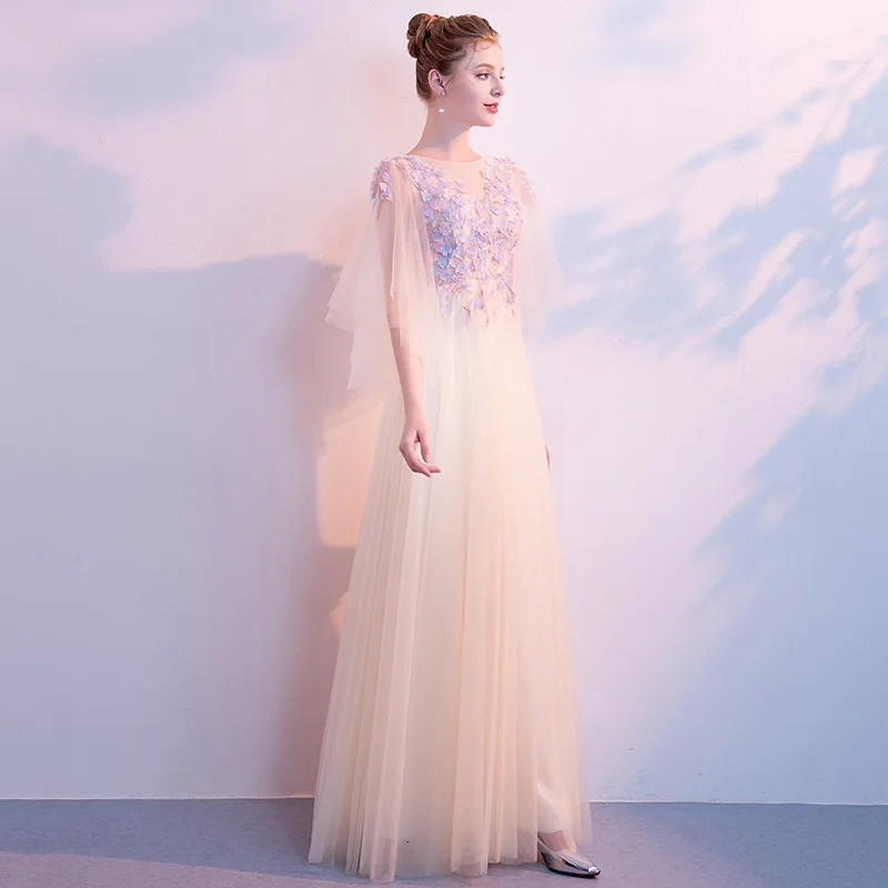 Mingli Tengda Champagne Lace Evening Dresses Half Sleeve Woman Candy Color Flower Long Wedding Party Dress Scoop Robe De Soiree | Свадьбы и