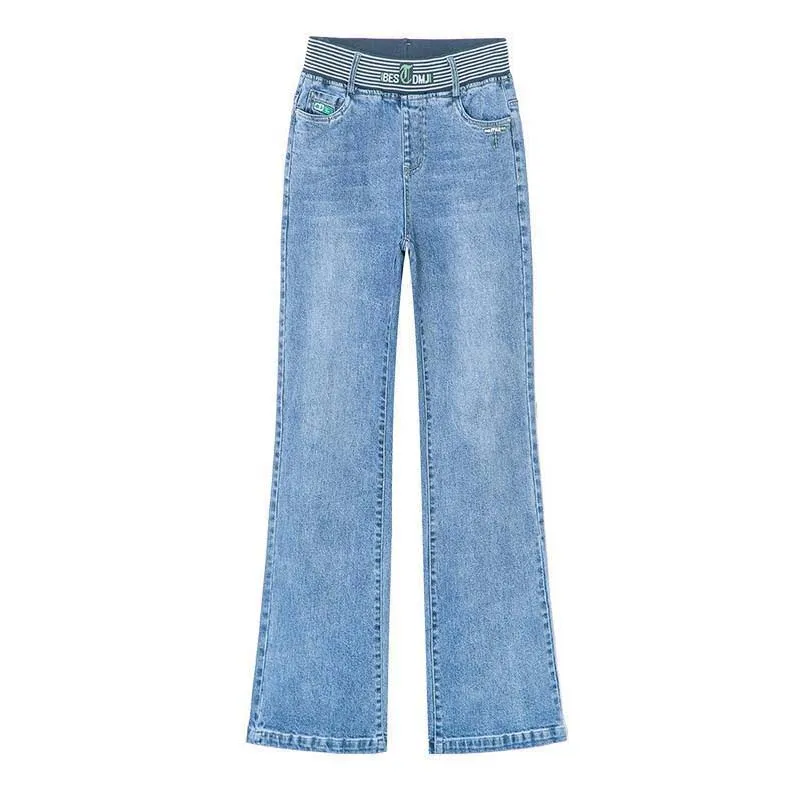 

Spring Autumn Women High Waist Jeans Female Loose Casual Straight Full Length Jeans Wide Leg Elastic Trouser KK0100