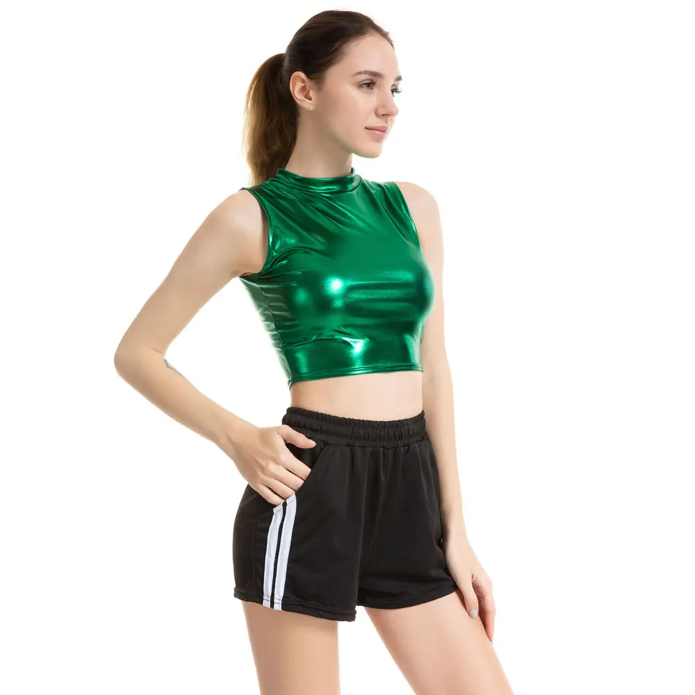 Блестящая женская майка из искусственной кожи с эффектом Wetlook Облегающая рубашка