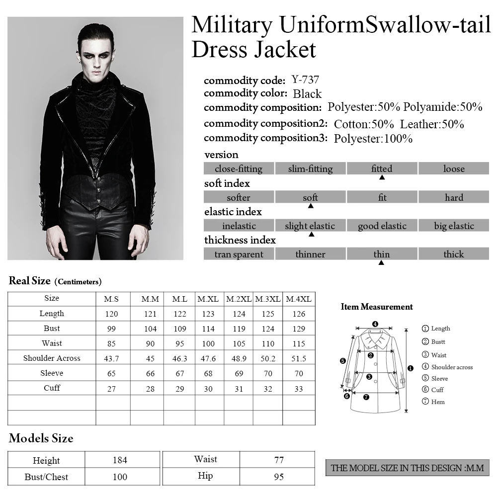 

PUNK RAVE Men's Military Uniform Gorgeous Swallow-tail Jacket Coat Gothic Steampunk Vintage Palace Coat Formal Party Trench Coat