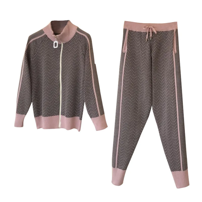 

Fall 2021 New European Fashion Zipper Cardigan Jacket Casual Pants Knit Sports Two Piece Set Outfits Women Sweater Suit