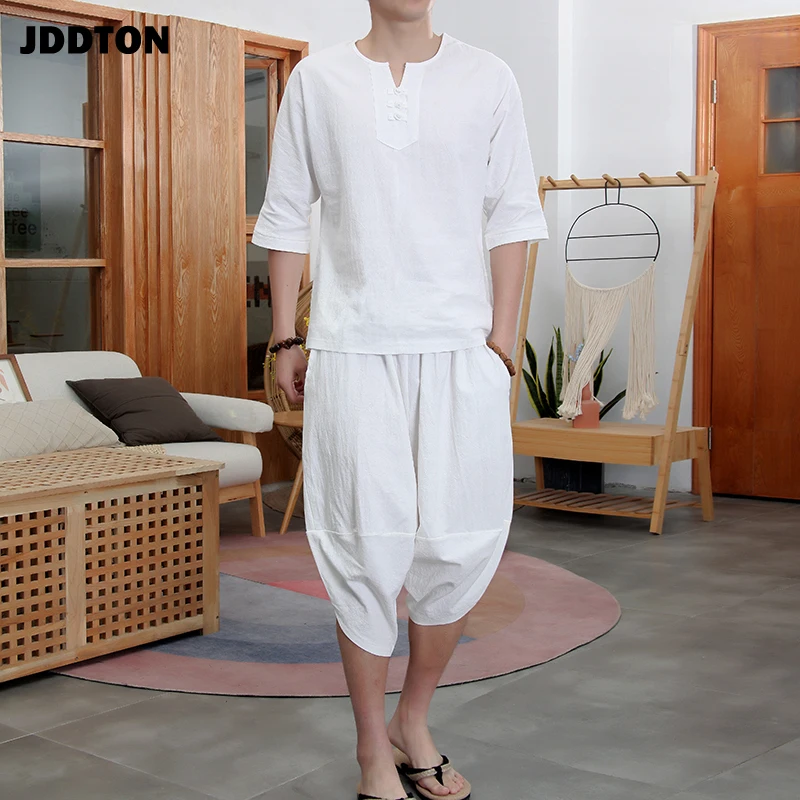 Костюм JDDTON мужской из хлопка и льна свободный комплект одежды двух предметов