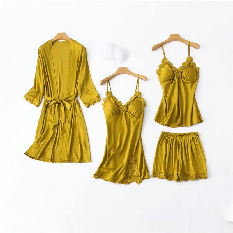 Daeyard шелковые пижамы для женщин Цветочные аппликации 4 шт. пижамный комплект со