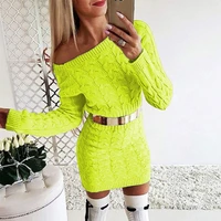 womens round neck waist slimming belt long sleeved wool composition fashion casual simple sweater skirt