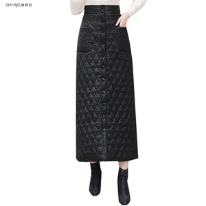 2019 зимние размера плюс теплый вниз хлопок длинные юбки для женщин с высокой талией однобортная модель юбки-карандаш уличная Женская Saia